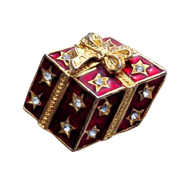 Christmas Brooch 3-D Red Enamel Wrapped Gold Bow Ribbon Crystal Star Gift Box - Picture 3 of 9